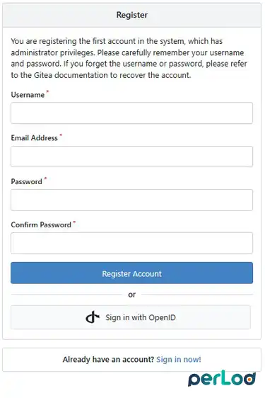 Register Gitea admin account